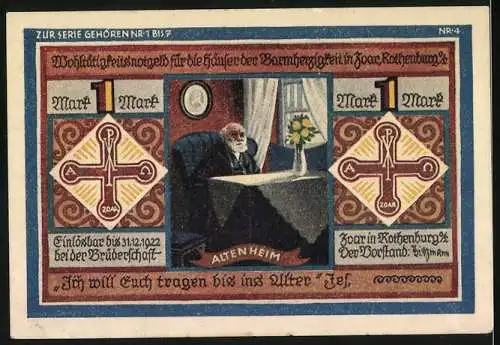 Notgeld Rothenburg, 1 Mark, Rothenburger Versicherung, Lebensversicherung und Altenheimillustration