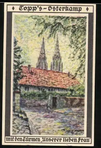 Notgeld Soest 1921, 25 Pfennig, Gutschein für Brauerei und Ausschank Carl Topp mit den Türmen Unserer lieben Frau