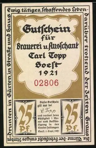 Notgeld Soest 1921, 25 Pfennig, Gutschein für Brauerei und Ausschank Carl Topp mit den Türmen Unserer lieben Frau