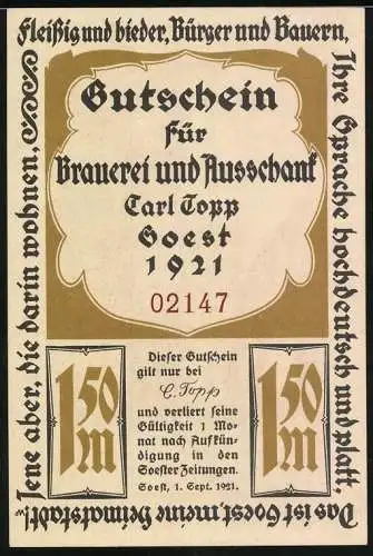 Notgeld Soest 1921, 1,50 Mark, Gutschein für Brauerei und Ausschank Carl Topp mit kunstvollem Innenraum