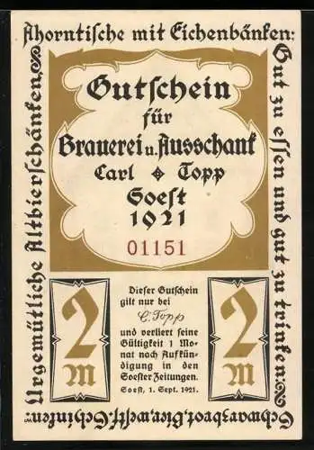 Notgeld Soest 1921, 2 Mark, Gutschein für Brauerei u. Ausschank Carl Topp, alte Häuser mit hohem Giebel