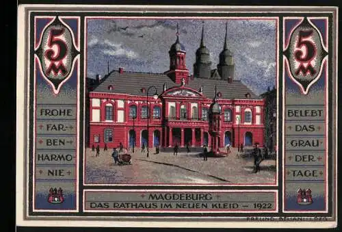 Notgeld Magdeburg, 1922, 5 Mark, Rathaus im neuen Kleid und soziale Fürsorge