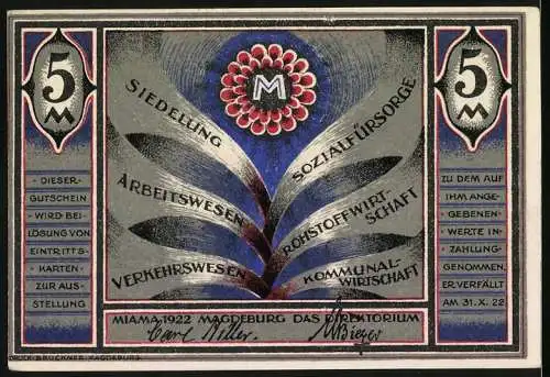 Notgeld Magdeburg, 1922, 5 Mark, Rathaus im neuen Kleid und soziale Fürsorge