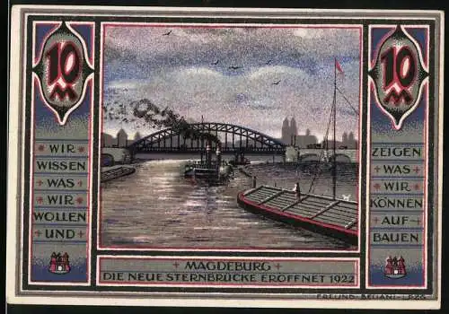 Notgeld Magdeburg 1922, 10 Mark, Neue Sternbrücke und soziale Fürsorge