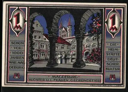 Notgeld Magdeburg 1922, 1 Mark, Kloster U. L. Frauen - Gegründet 1022, Siedelung und Sozialfürsorge