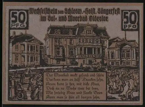 Notgeld Bad Oldesloe, 1921, 50 Pfennig, Schleswig-Holsteinisches Sängerfest im Sol- und Moorbad, Gebäudeansicht