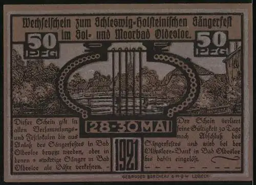 Notgeld Bad Oldesloe, 1921, 50 Pfennig, Schleswig-Holsteinisches Sängerfest im Sol- und Moorbad, Gebäudeansicht