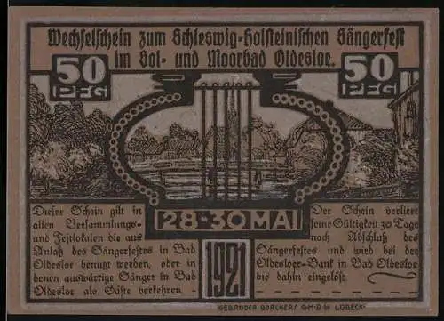 Notgeld Bad Oldesloe, 1921, 50 Pfennig, Schleswig-Holsteinisches Sängerfest, Sänger und Gäste im Kol- und Moorbad