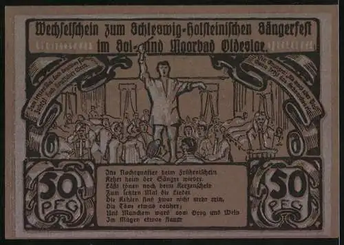 Notgeld Bad Oldesloe, 1921, 50 Pfennig, Schleswig-Holsteinisches Sängerfest, Sänger und Gäste im Kol- und Moorbad