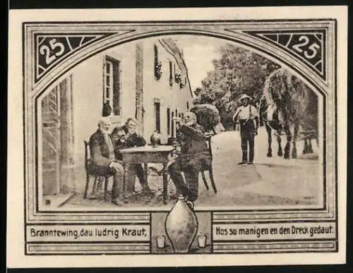 Notgeld Schönecken, 1921, 25 Pfenning, Verkehr- und Verschönerungs-Verein Motiv mit lokalem Alltag und Burgansicht