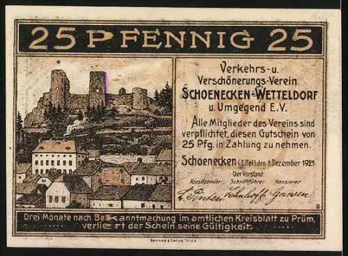 Notgeld Schönecken, 1921, 25 Pfenning, Verkehr- und Verschönerungs-Verein Motiv mit lokalem Alltag und Burgansicht