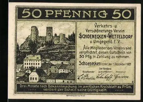 Notgeld Schönecken, 1921, 50 Pfennig, Burgruine und Stadtansicht vorne, Eierlage am Ostermontag