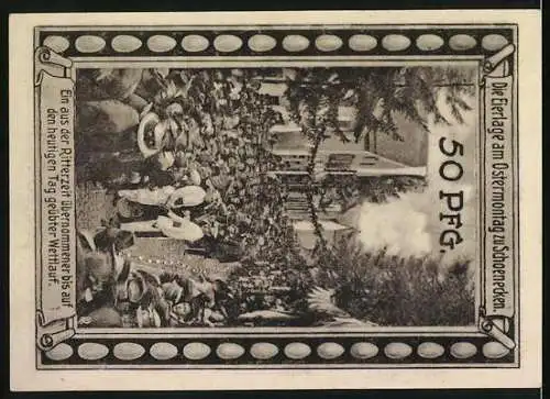 Notgeld Schönecken, 1921, 50 Pfennig, Burgruine und Stadtansicht vorne, Eierlage am Ostermontag