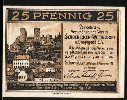 Notgeld Schönecken, 1921, 25 Pfennig, Ortsansicht mit Burgruine und Vereinsangaben, Rückseite mit Strassenszene