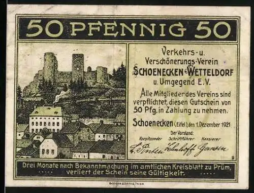 Notgeld Schönecken, 1921, 50 Pfennig, Verkehrsverein Schönerecken-Wetteldorf, Burg und Stadtansicht, Osterprozession
