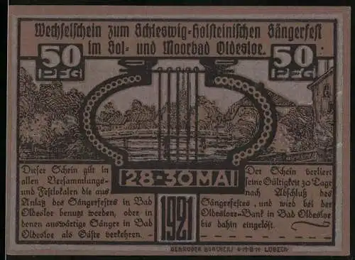 Notgeld Bad Oldesloe, 1921, 50 Pfennig, Schleswig-Holsteinisches Sängerfest im Sol- und Moorbad, Kurgäste beim Moorbad