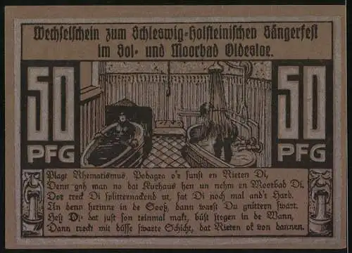 Notgeld Bad Oldesloe, 1921, 50 Pfennig, Schleswig-Holsteinisches Sängerfest im Sol- und Moorbad, Kurgäste beim Moorbad