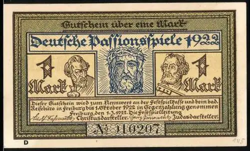 Notgeld Freiburg 1922, 1 Mark, Deutsche Passionsspiele mit Christus und Judas, Schachergeist und Menschheit Heil