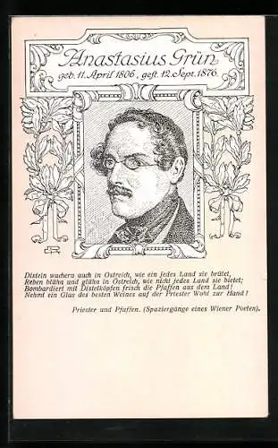 Künstler-AK Portrait des Poeten Anastasius Grün