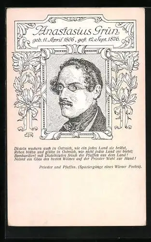 Künstler-AK Portrait des Poeten Anastasius Grün