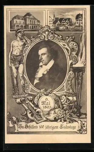 AK Friedrich Schiller, zum 100jährigen Todestag 09.05.1805, Portrait, Harfe, Muschel