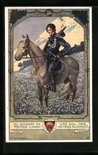 AK Theodor Körner, Zitat Du Schwert an meiner Linken..., Soldat auf einem Pferd, Deutscher Schulverein
