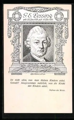 Künstler-AK Gotthold Ephraim Lessing, bedeutender Dichter der deutschen Aufklärung, Zitat aus Nathan der Weise