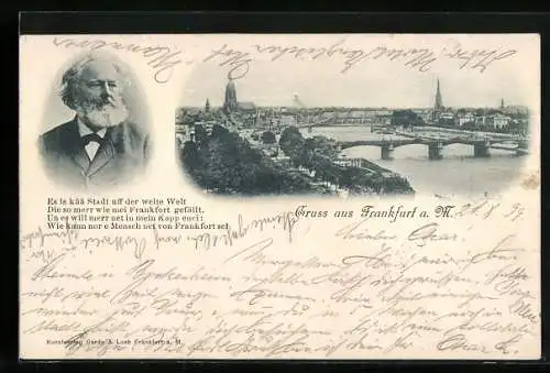 AK Frankfurt a. M., Panorama mit Brücke, Friedrich Stoltze