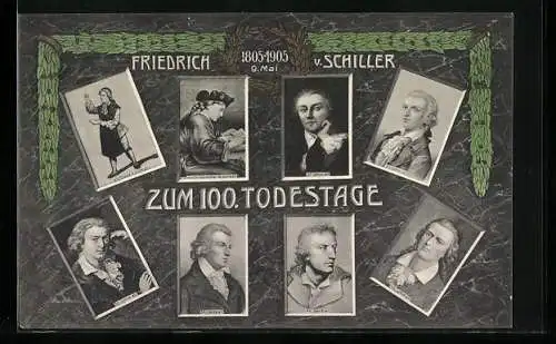 AK 100. Todestag Friedrich Schiller 1805-1905, Porträts in versch. Lebensaltern