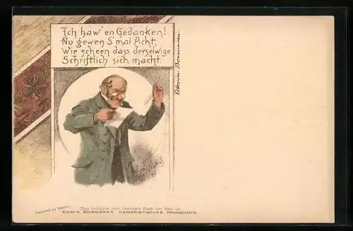 Künstler-AK Reklame für Buch Humoristischer Hausschatz v. Edwin Bormann, Mann macht sich Notizen