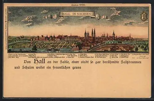 Lithographie Halle /Saale, Stadtansicht Anno 1700
