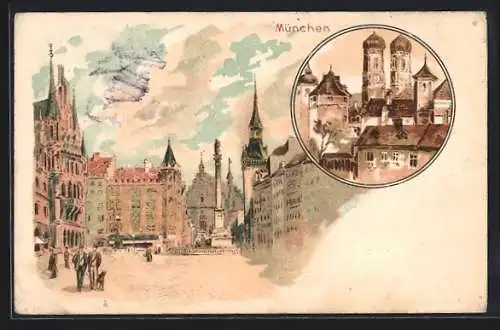 Lithographie München, Marienplatz mit Denkmal, Blick über die Dächer zur Frauenkirche