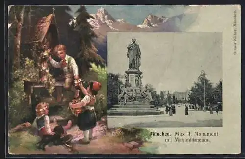 AK München, Max II. Monument mit Maximilianeum, Kinder schmücken einen Bildstock, Passepartout