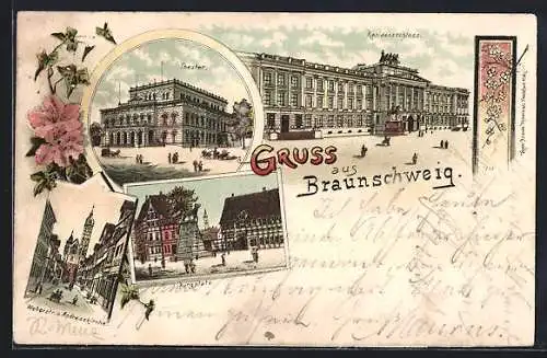 Lithographie Braunschweig, Theater, Burgplatz, Weberstrasse und Andreaskirche
