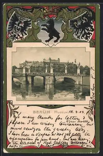 Passepartout-Lithographie Berlin, Museum und Brücke, Berliner Wappen, Reichswappen