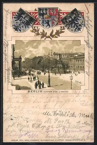 Passepartout-Lithographie Berlin, Unter den Linden, Wappen