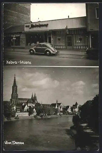AK Ulm /Donau, Gasthaus Zebra-Stüble, Ortsansicht mit Donau und Münster, VW-Käfer