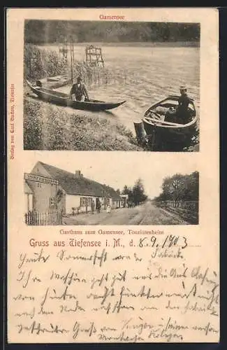 AK Tiefensee i. M., Gasthaus zum Gamensee / Touristenheim, Gamensee mit Booten