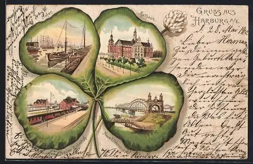 Passepartout-Lithographie Harburg, Rathaus, Hafen, Bahnhof, Kleeblatt