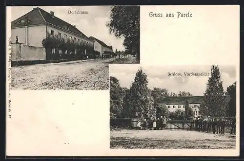 AK Paretz, Dorfstrasse, Schloss mit Eingangstor und Versammlung