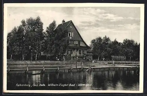 AK Falkenberg /Halle, Wilhelm Ziegler-Bad, vom Wasser gesehen