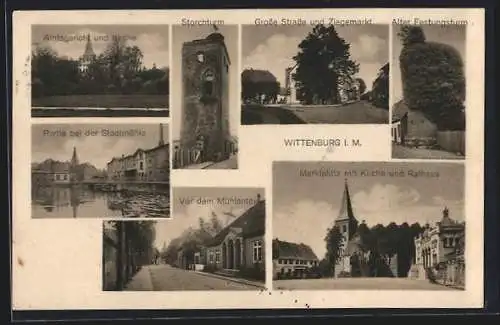 AK Wittenburg i. M., Storchturm, Grosse Strasse und Ziegemarkt, Partie bei der Stadtmühle