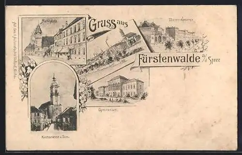 Künstler-AK Fürstenwalde /Spree, Ulanen-Kaserne, Kirchstrasse und Dom, Gymnasium, Ortsansicht