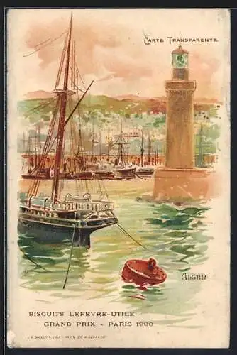 Lithographie Alger, Leuchtturm am Hafen, Reklame für Kekse Gaufrettes