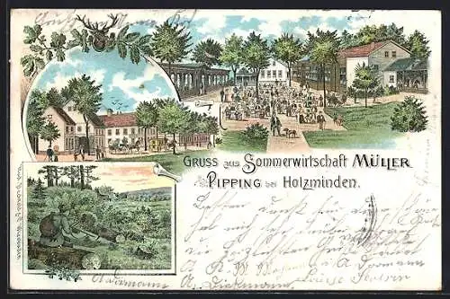 Lithographie Pipping b. Holzminden, Sommerwirtschaft Müller, Jäger, Kutschen