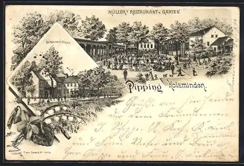 Lithographie Pipping /Holzminden, Müllers Restaurant u. Garten, Strassenfront