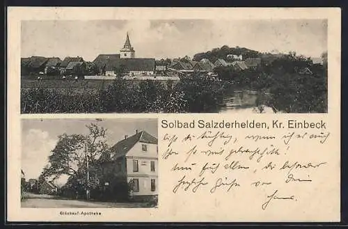 AK Salzderhelden /Kr. Einbeck, Glückauf-Apotheke, Ortsansicht mit Kirche