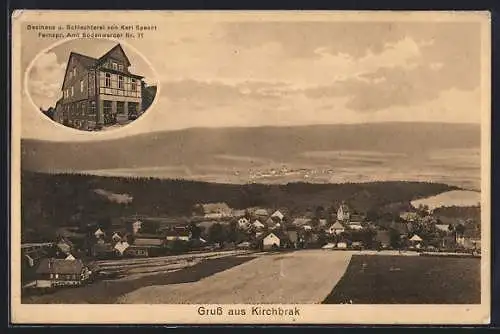 AK Kirchbrak, Gasthaus u. Schlachterei v. Karl Specht, Ortsansicht aus der Vogelschau