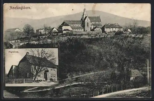 AK Amelungsborn, Gasthof Negenborn, Ortsansicht mit Kirche