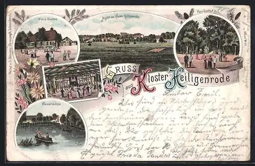 Lithographie Kloster Heiligenrode, Pleus Gasthof, Park, Wassermühle